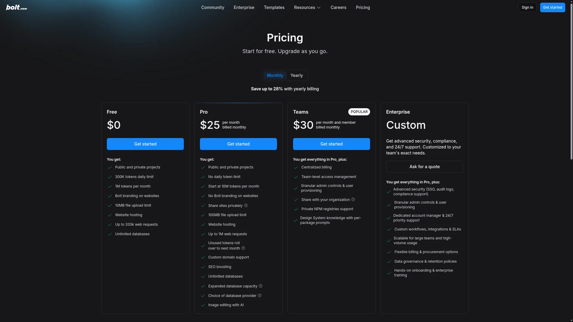Bolt.new pricing page showing Free ($0), Pro ($25/mo), Teams ($30 per member/mo), and custom Enterprise plans