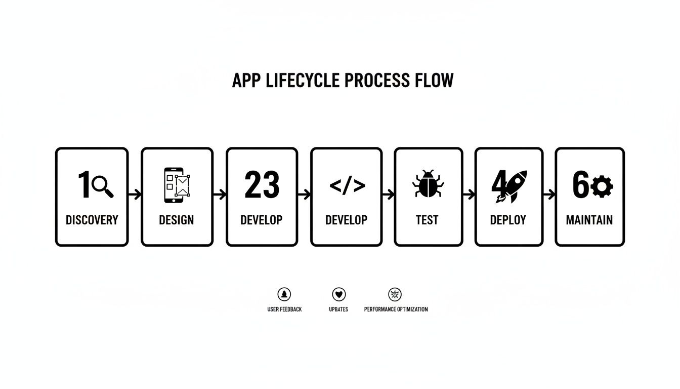 Flowchart illustrating the app development lifecycle from discovery through deployment and maintenance.