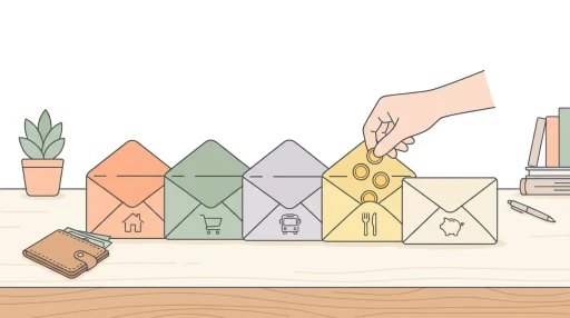 Illustration of envelope budgeting: a hand putting coins into envelopes for housing, groceries, transport, eating out and savings