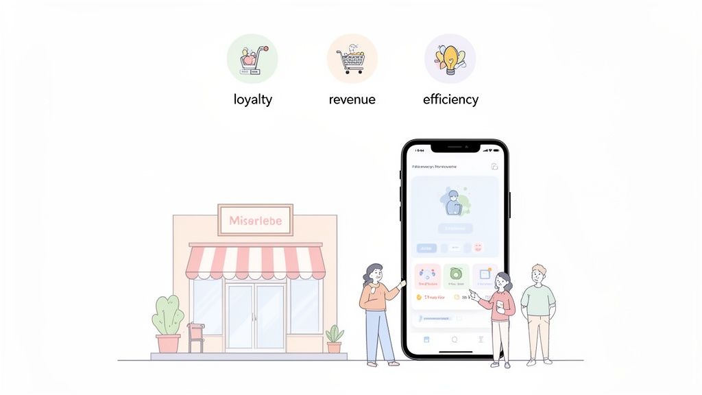 An animated illustration showing a business app helping with loyalty, revenue, and efficiency for a store.