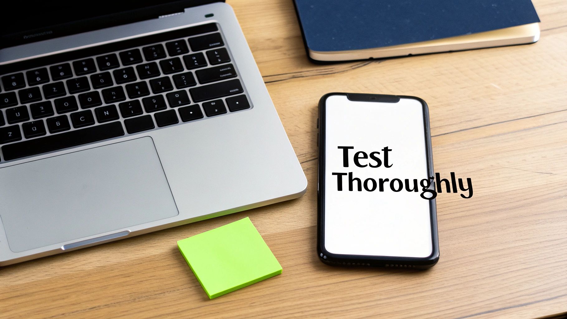 A silver laptop, a smartphone displaying Test Thoroughly, a sticky note, and a notebook on a wooden desk for app testing.