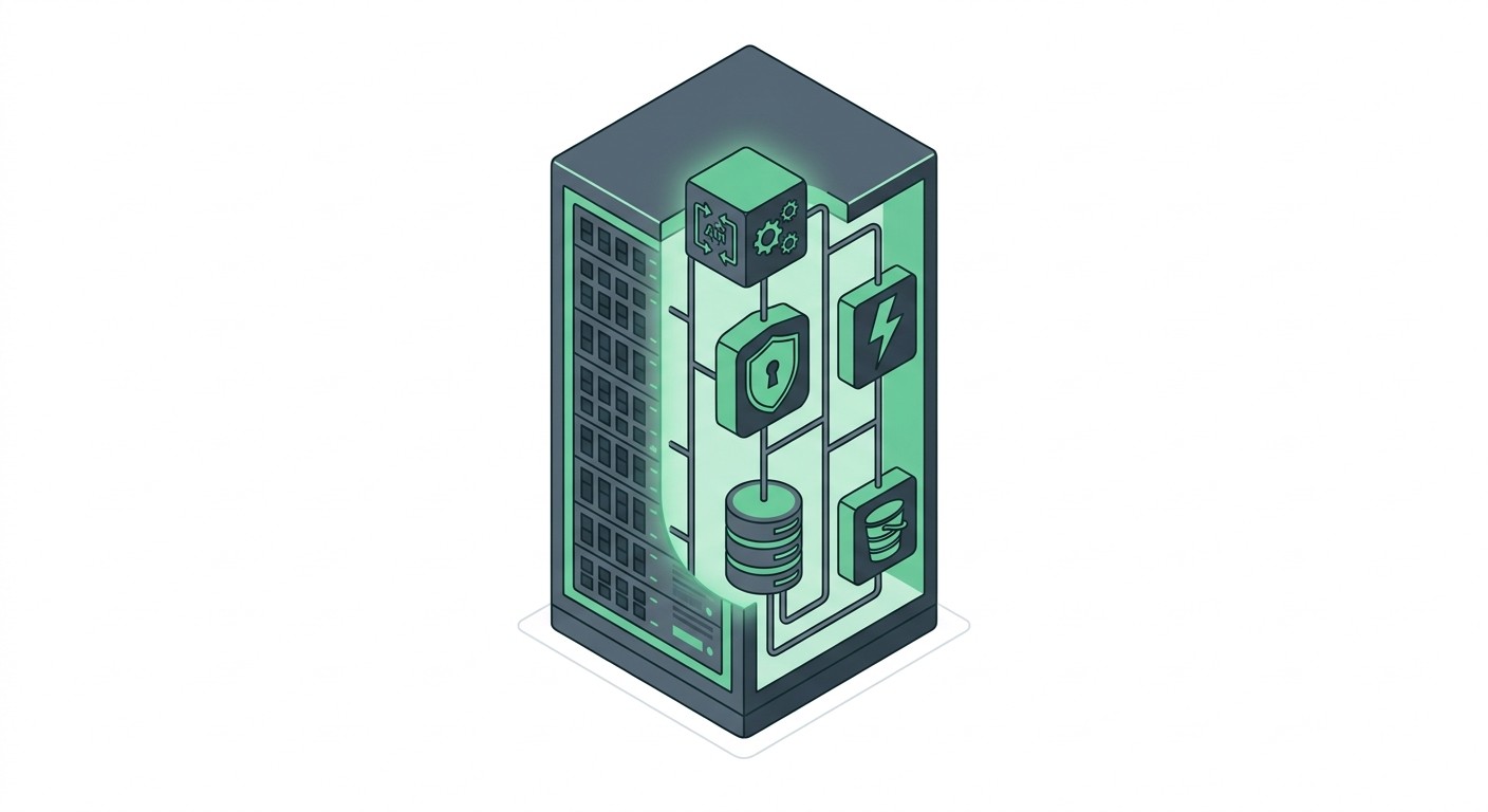 Isometric diagram of a self-hosted Supabase stack showing the Postgres database, API gateway, auth, storage, and realtime services running on one server