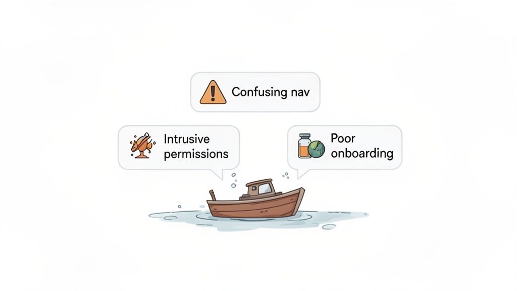 Cartoon boat facing app user experience challenges: confusing navigation, intrusive permissions, and poor onboarding.