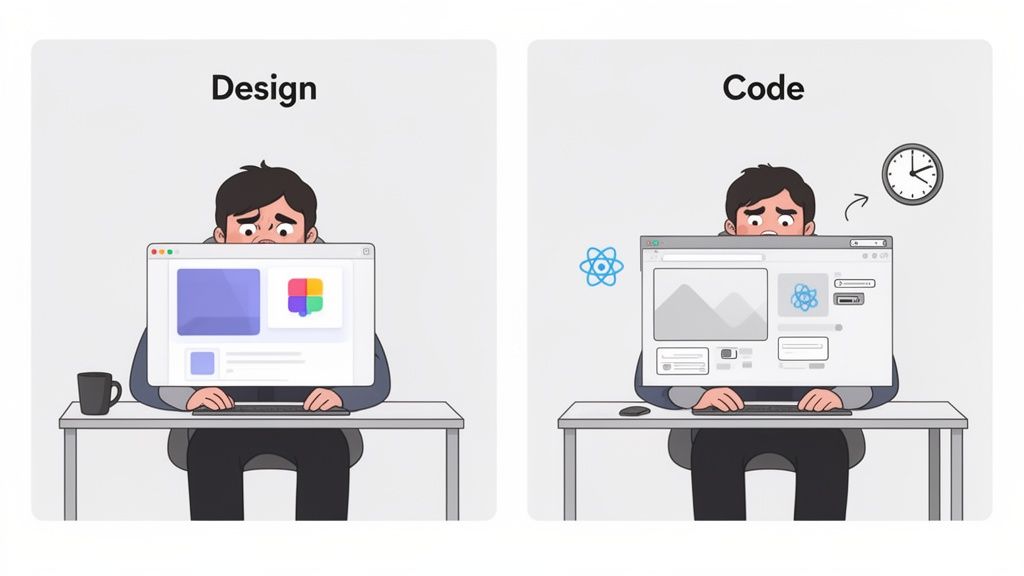 Cartoon illustrating a person's stress in the design phase (Figma-like UI) and then coding it into React.