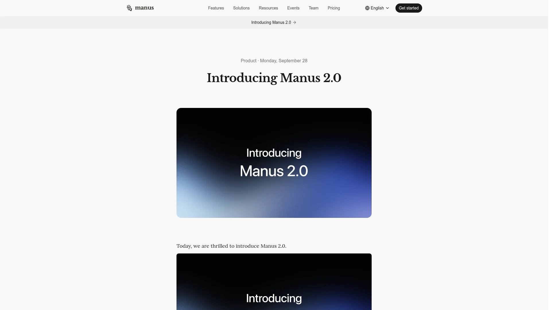 Manus blog post introducing Manus 2.0 and the Cue personal agent app