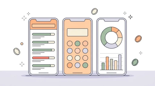 Illustration of three budget app screens: a monthly budget with category progress bars, a number pad for adding a transaction, and a spending chart