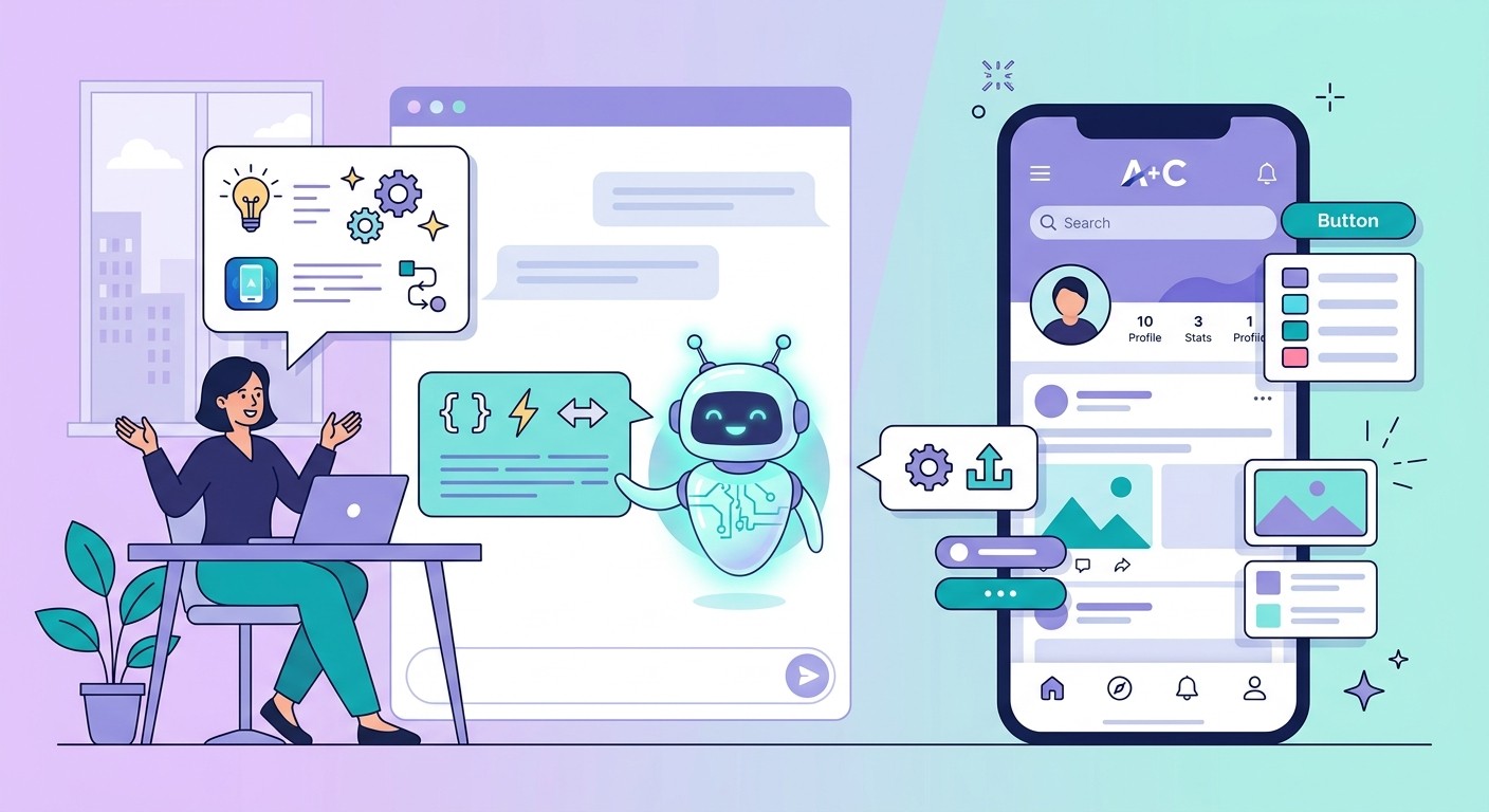 Illustration of a person describing a marketplace app idea to an AI agent that builds it in real time