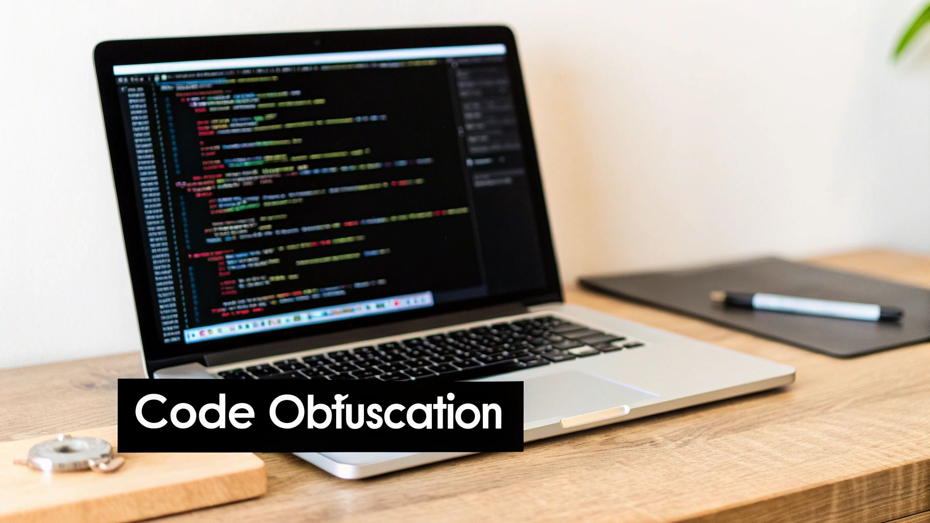 Laptop screen displaying lines of code with obfuscation settings open in an IDE