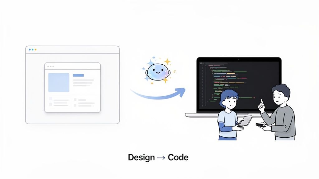 Illustration showing a UI design transforming into programming code on a laptop, facilitated by a smart tool.