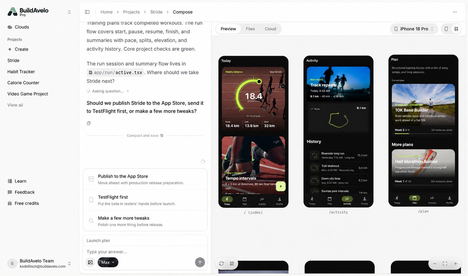 The Stride running app open in the BuildAvelo user dashboard. The agent wants to know if it should publish to the App Store or send a TestFlight build first. Previews of the today, activity and plan screens are on the right.
