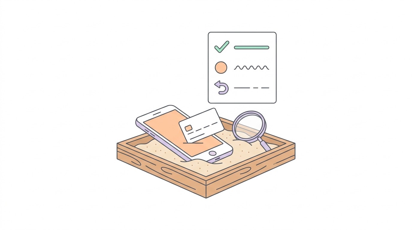 Illustration of testing app payments in a sandbox with a test card, a phone, and a checklist of successful, declined, and refunded purchases