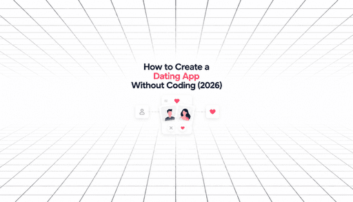 Minimal dating app illustration with profile cards and heart icons on a perspective grid background, representing how to create a dating app without coding.