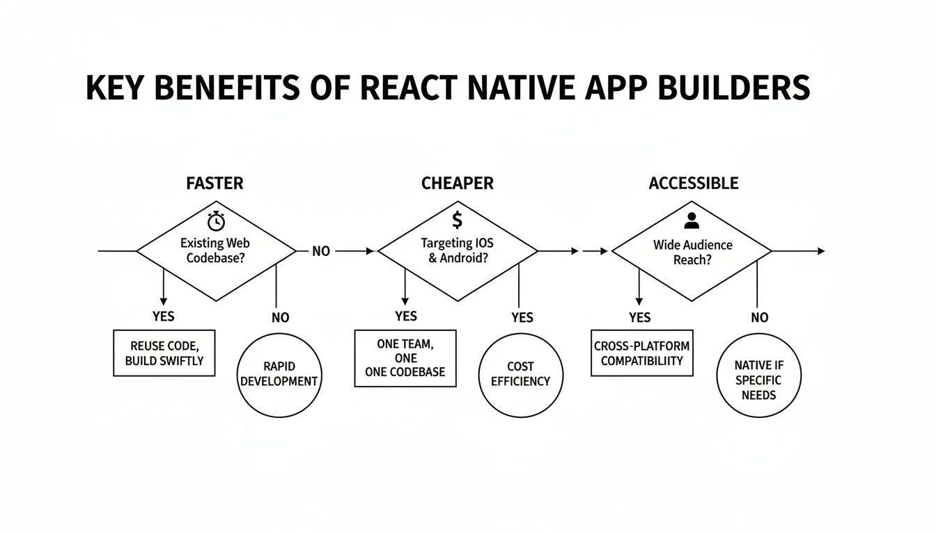 Flowchart showing three key benefits of React Native app builders: faster development timelines, lower costs through single codebase, and accessibility for non-technical creators