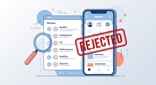 Illustration showing an app store rejection stamp over a mobile app review checklist covering quality, compliance, UX, performance, stability, and security — common reasons apps get rejected from app stores.
