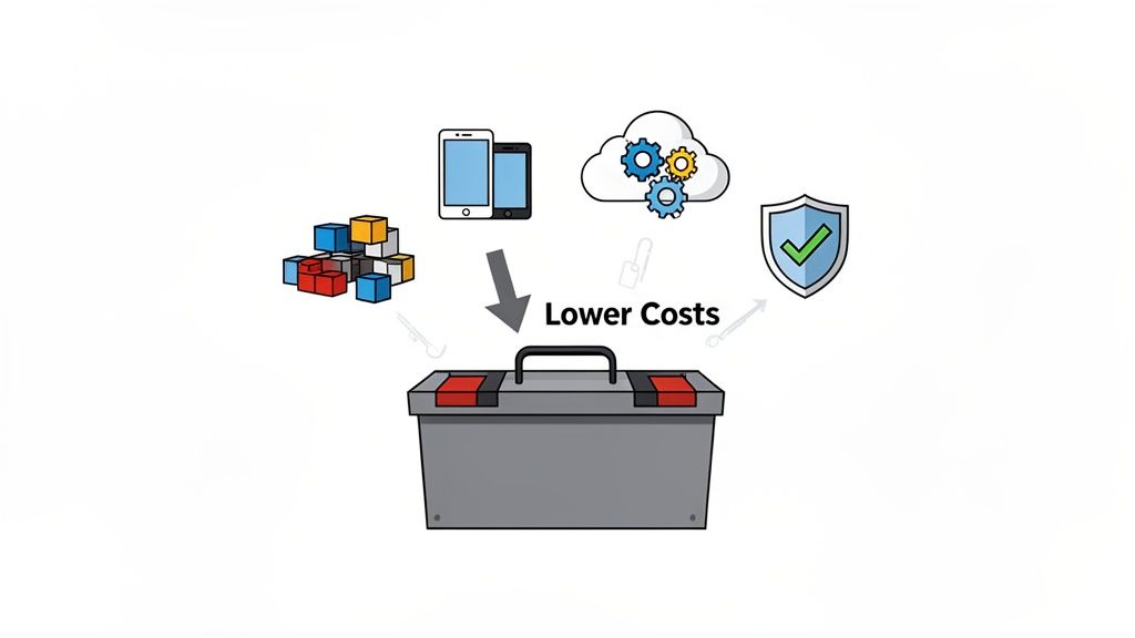 Building blocks, mobile devices, a cloud icon, and a security shield flowing into a toolbox, representing cost reduction strategies