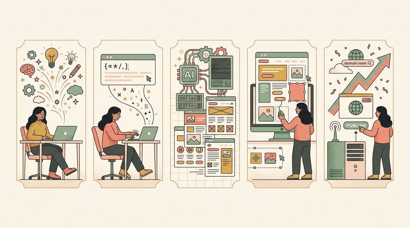 Flat illustration showing the five-step process of building a small business website with BuildAvelo AI