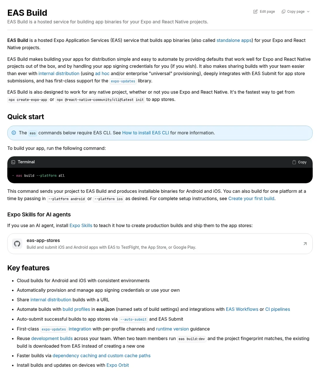 Expo EAS Build documentation page, the cloud build service for making iOS apps on Windows with React Native
