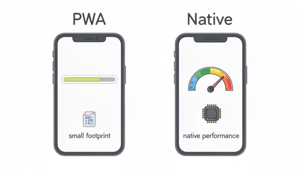 Visual comparison of a PWA's small footprint versus a native app's high performance