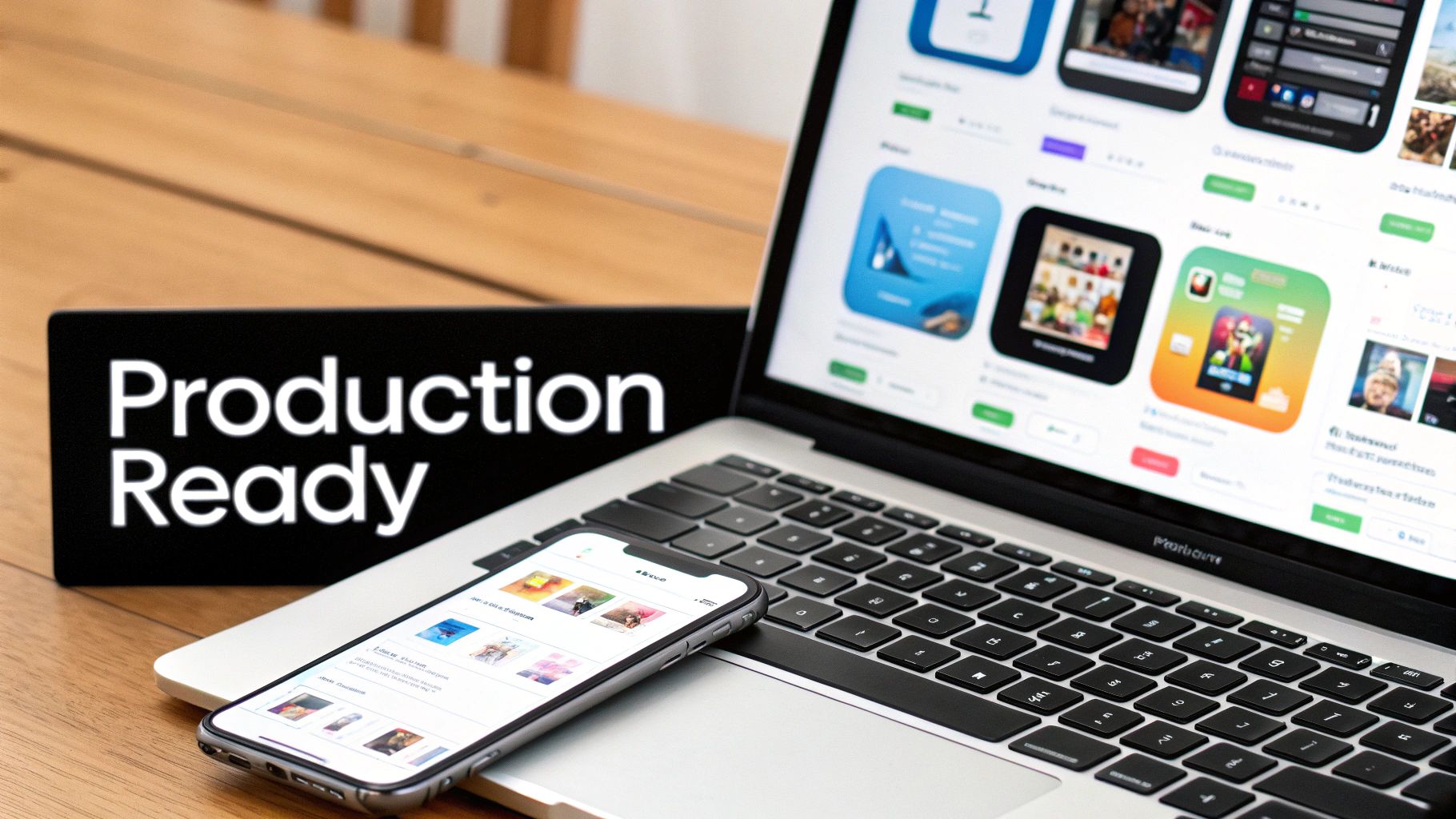 A laptop and smartphone displaying app store screens, beside a Production Ready sign on a wooden desk.