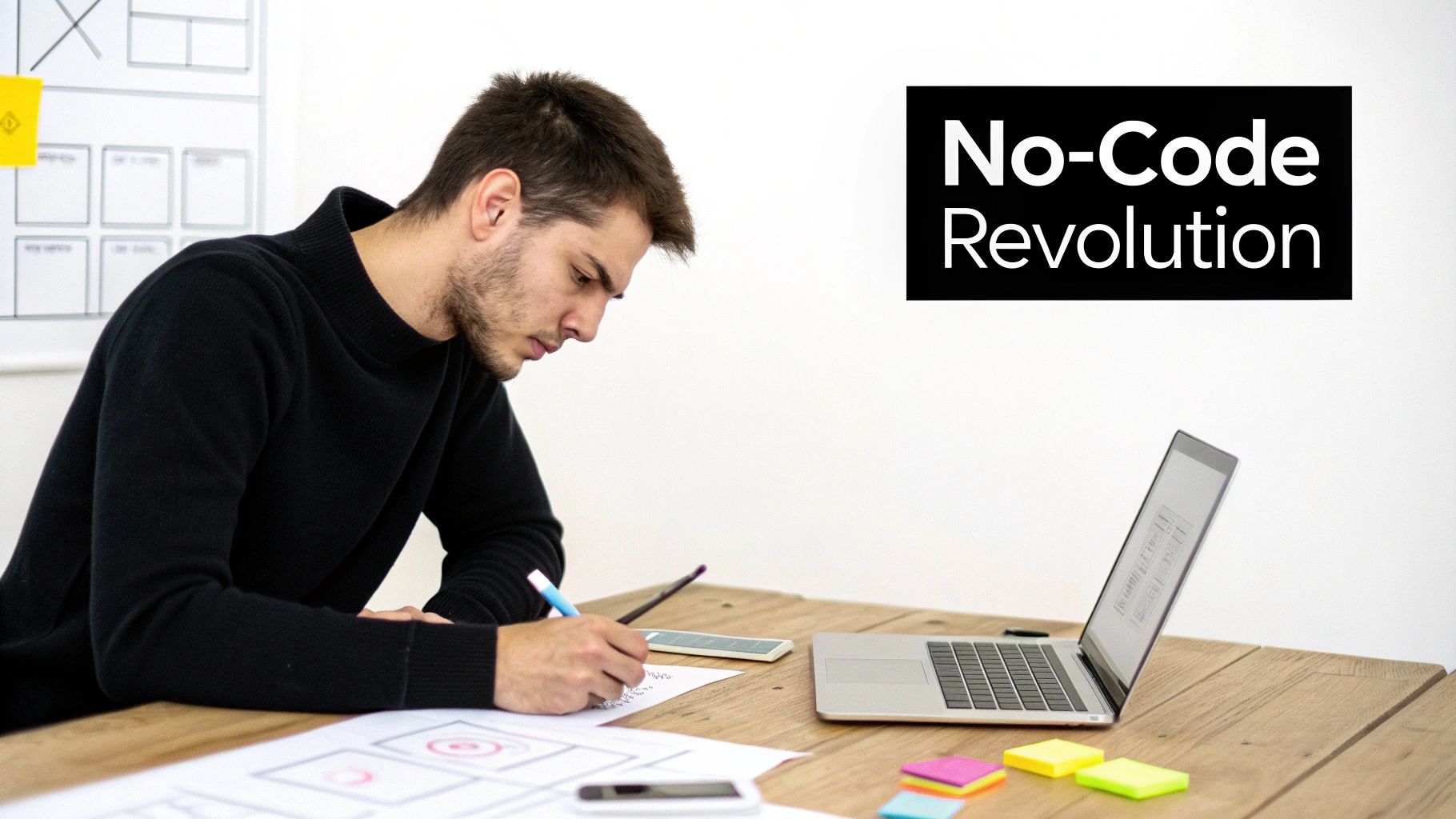 Man sketching app wireframes on paper at a desk with a laptop