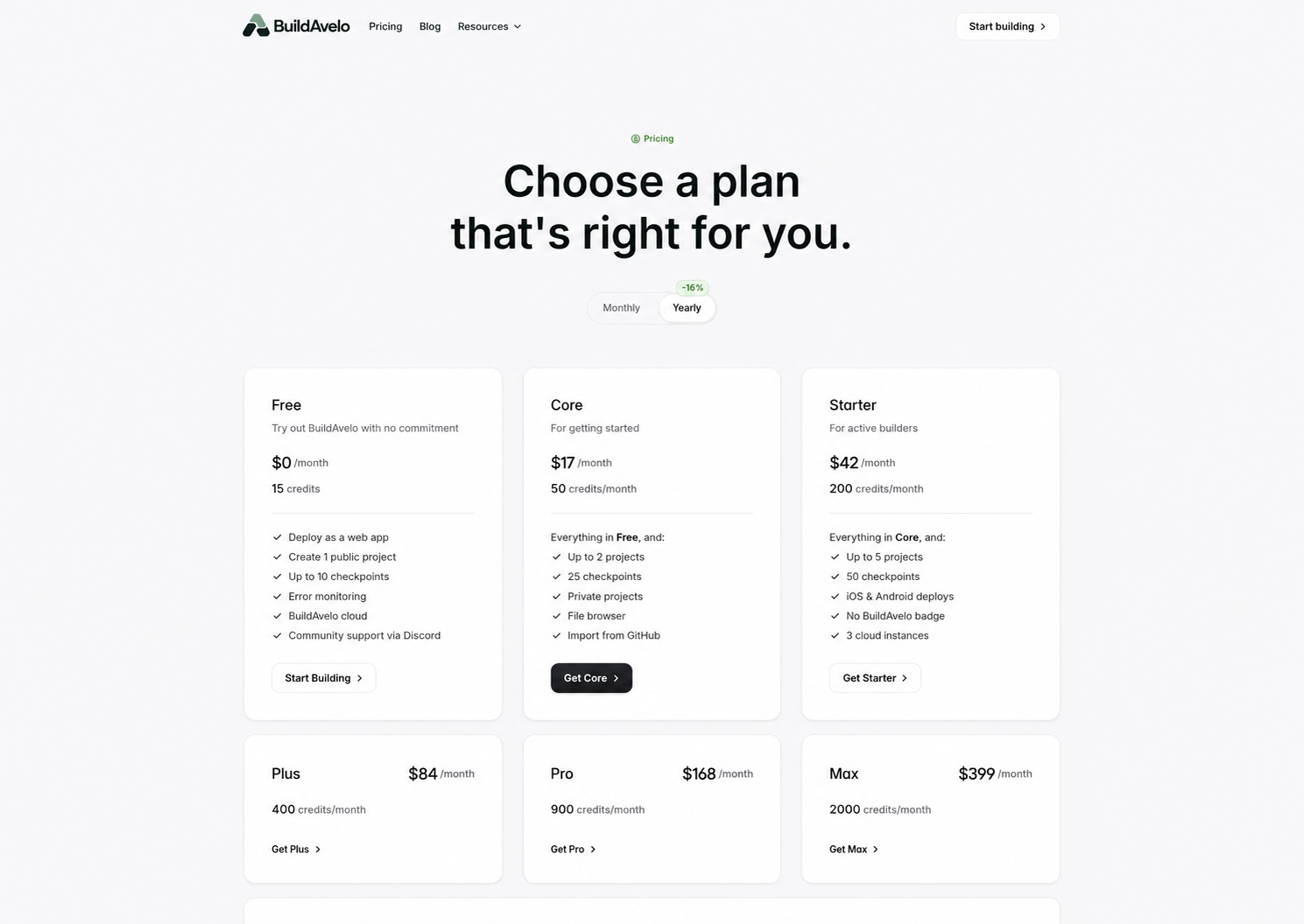 BuildAvelo pricing page showing the Free plan with 15 credits and the Starter plan with iOS and Android deploys