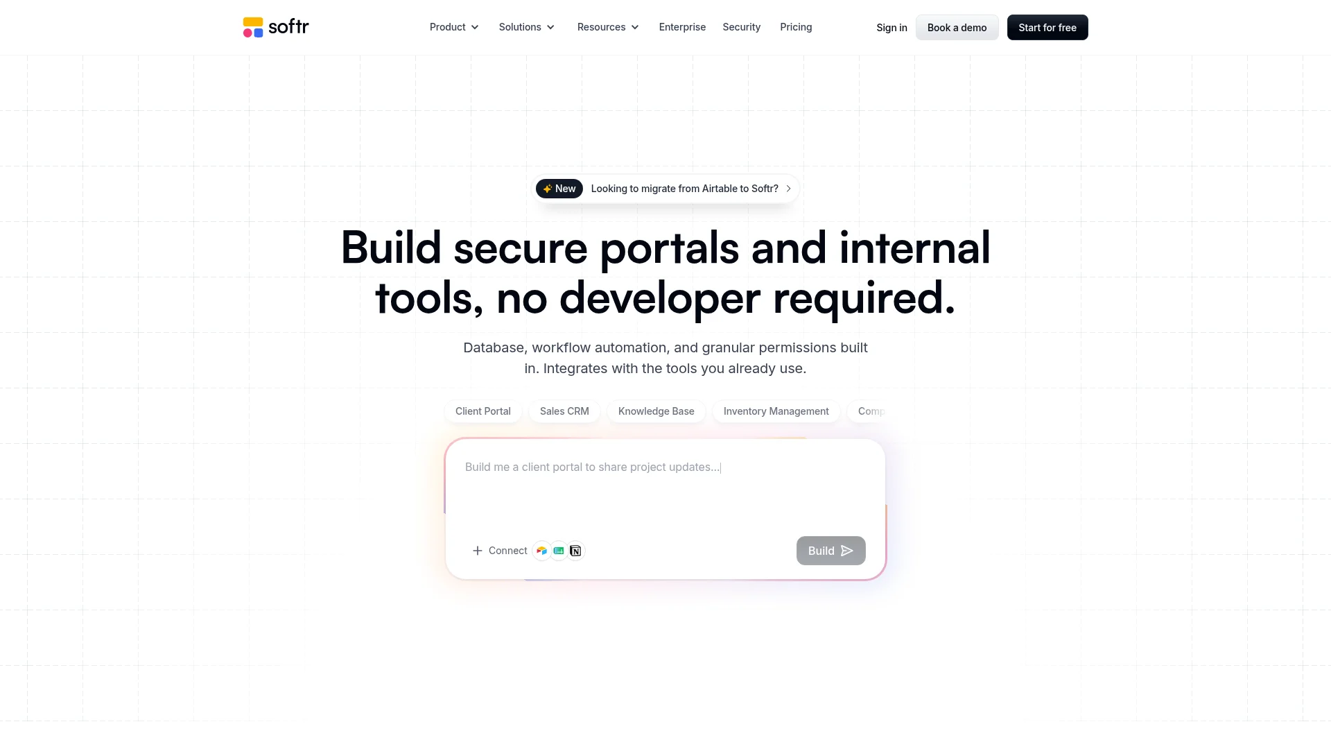 Softr no-code app builder homepage for building portals and internal tools