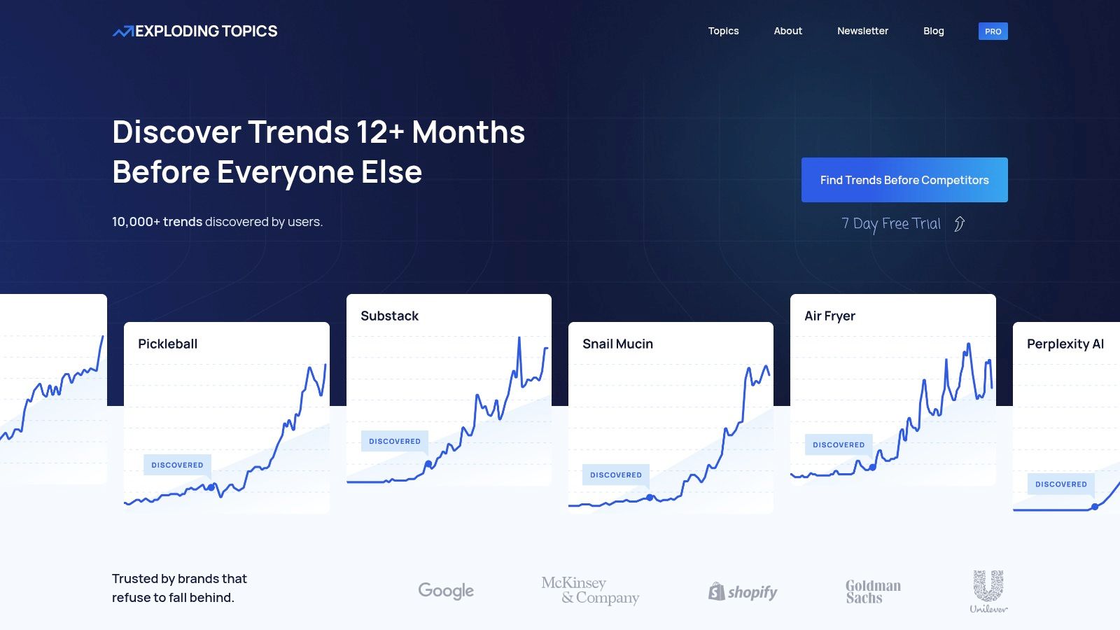 Exploding Topics dashboard tracking fast-growing search trends for app idea research