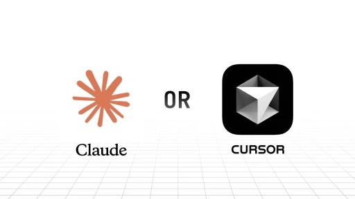 Comparison graphic showing two logos side by side with 'OR' in the middle. On the left is the Claude logo, an orange starburst with the word 'Claude' underneath. On the right is the Cursor logo, a black square with a white geometric cube design and the word 'CURSOR' below.