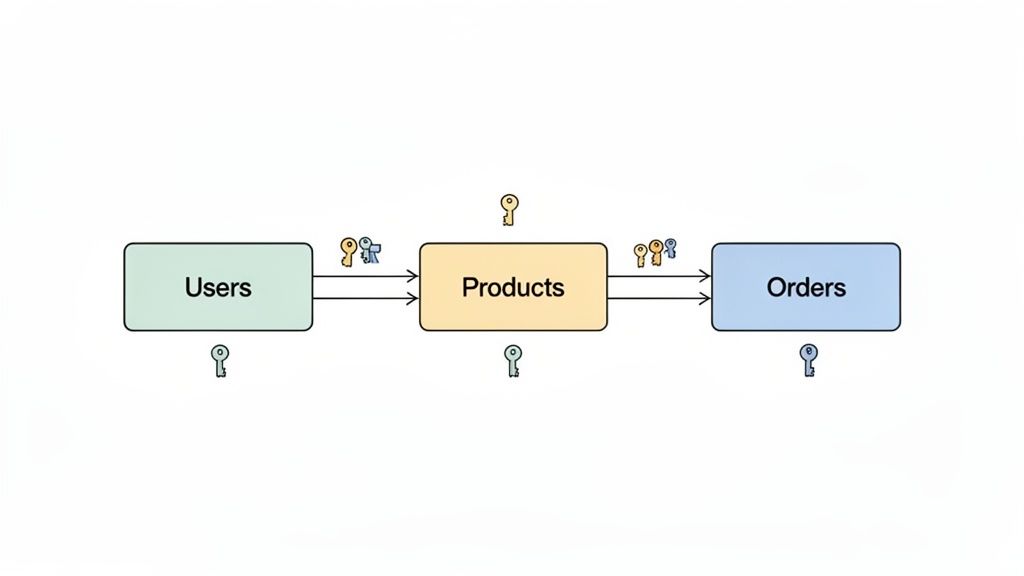 A database schema illustrating Users, Products, and Orders entities connected by primary and foreign keys.