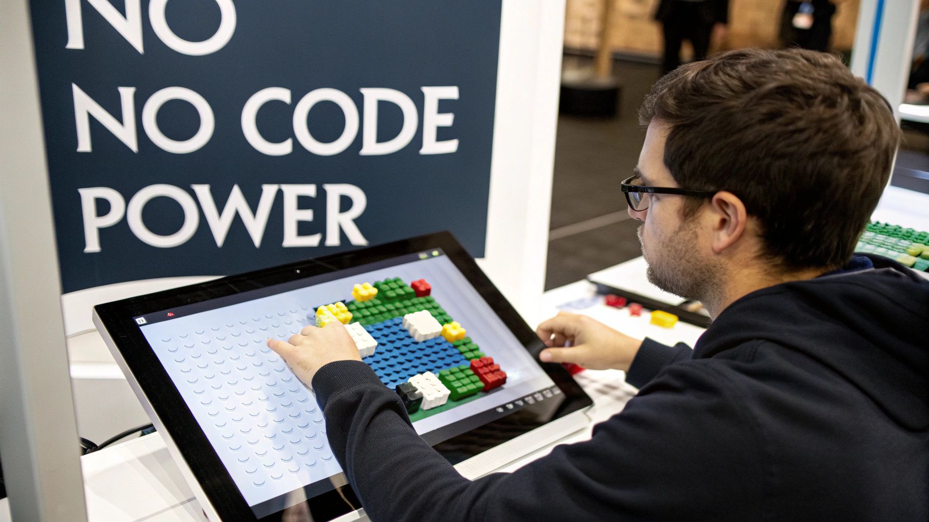 An image showing a visual representation of a no code app builder interface with various elements.