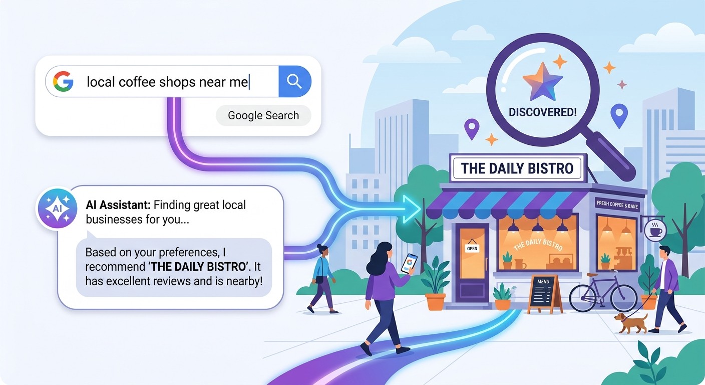 A small business being discovered through Google and AI assistant search results