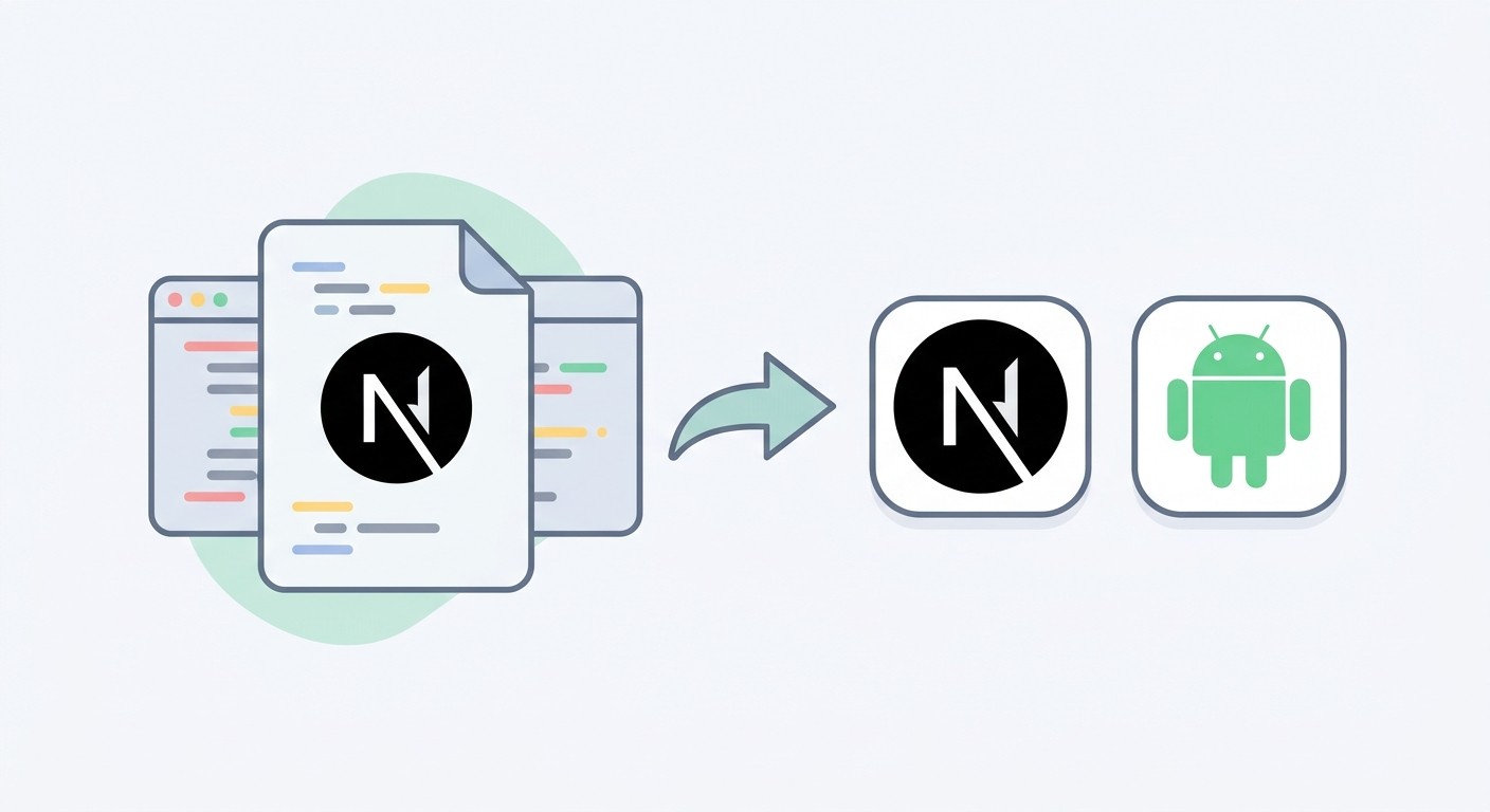 Illustration of a Next.js code file being converted into native iOS and Android apps