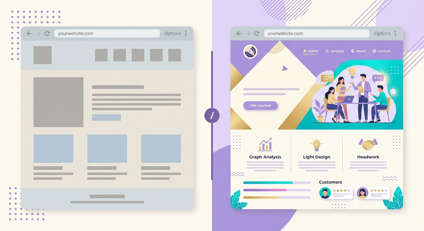 Split comparison of a plain generic webpage next to a polished business website, flat illustration