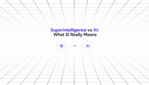 Minimal Superintelligence vs AI graphic featuring SI and AI labels on a futuristic white perspective grid background.