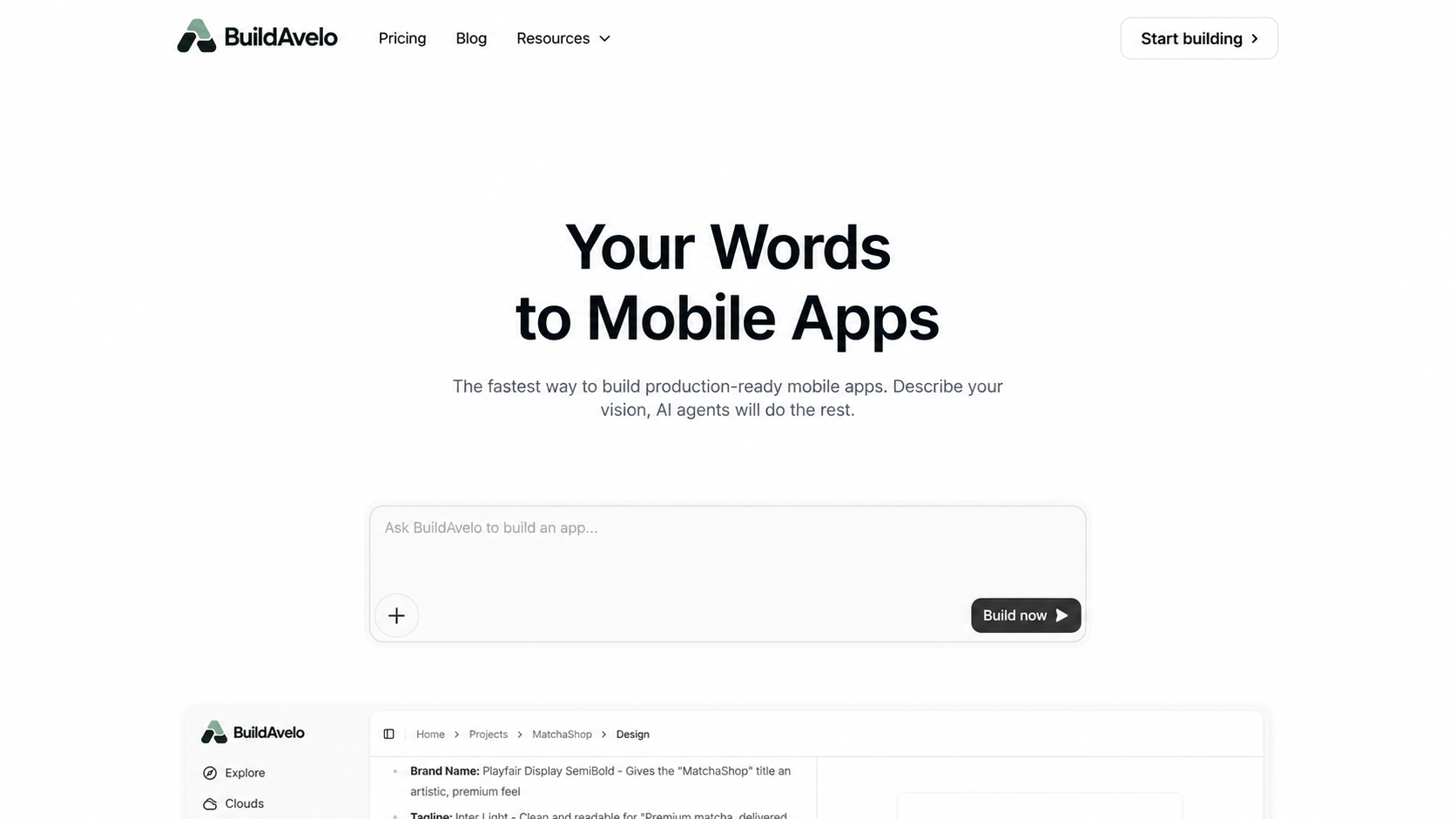 BuildAvelo app builder showing a generated mobile app with live preview on a phone mockup