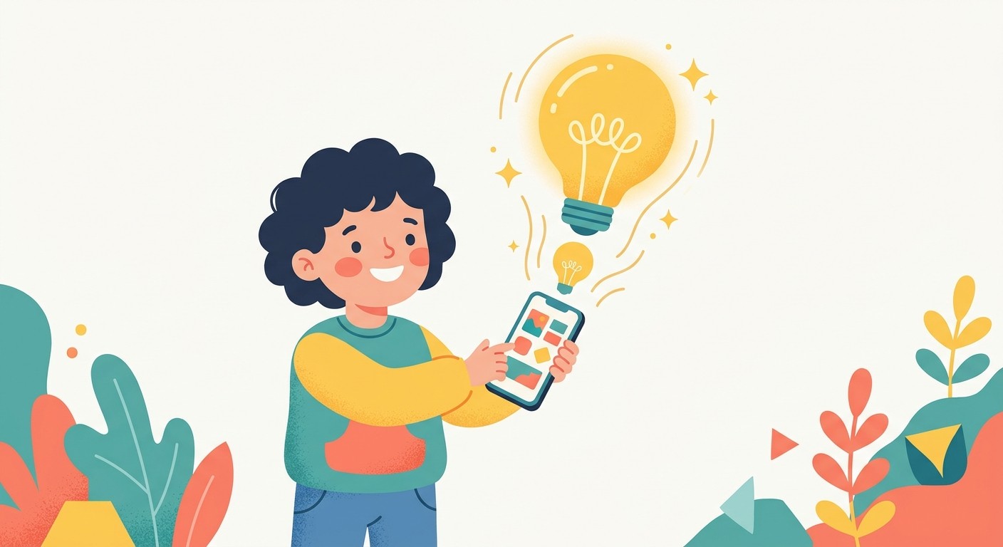 Child using a mobile app for creative learning ideas
