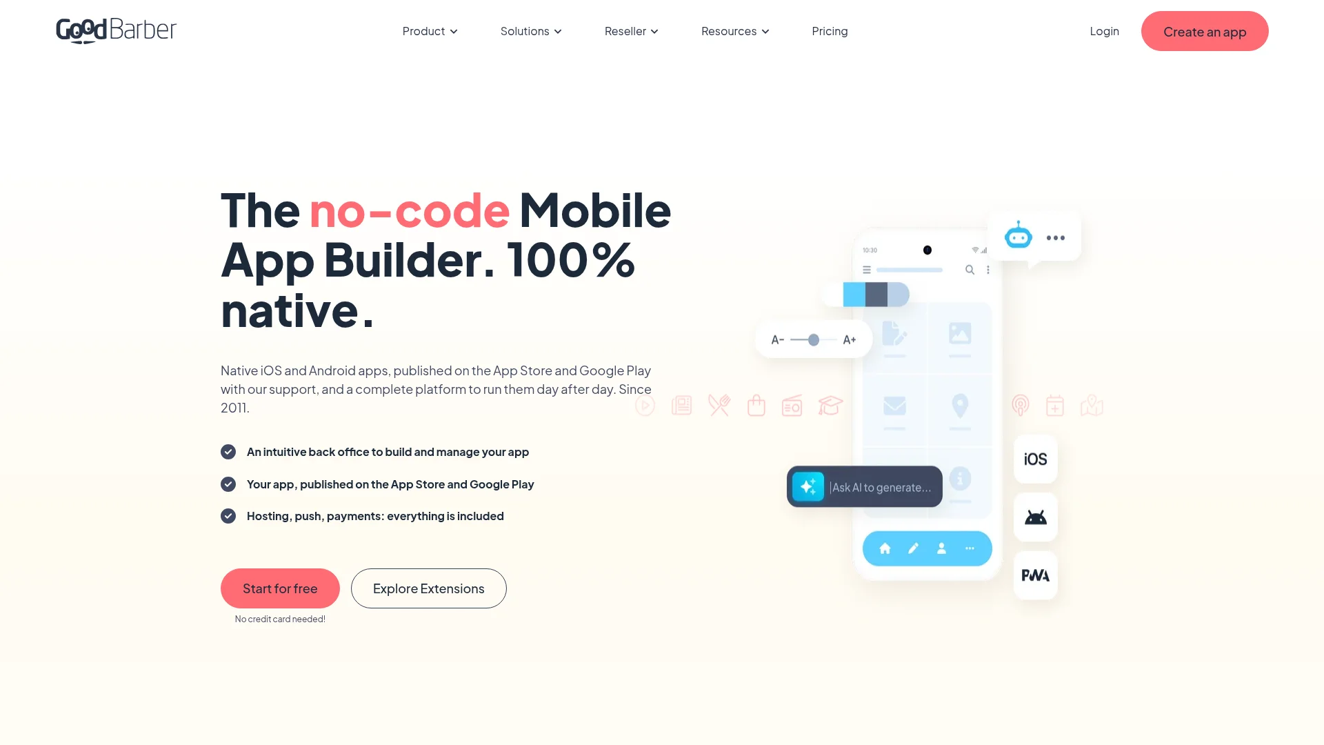 GoodBarber app builder homepage