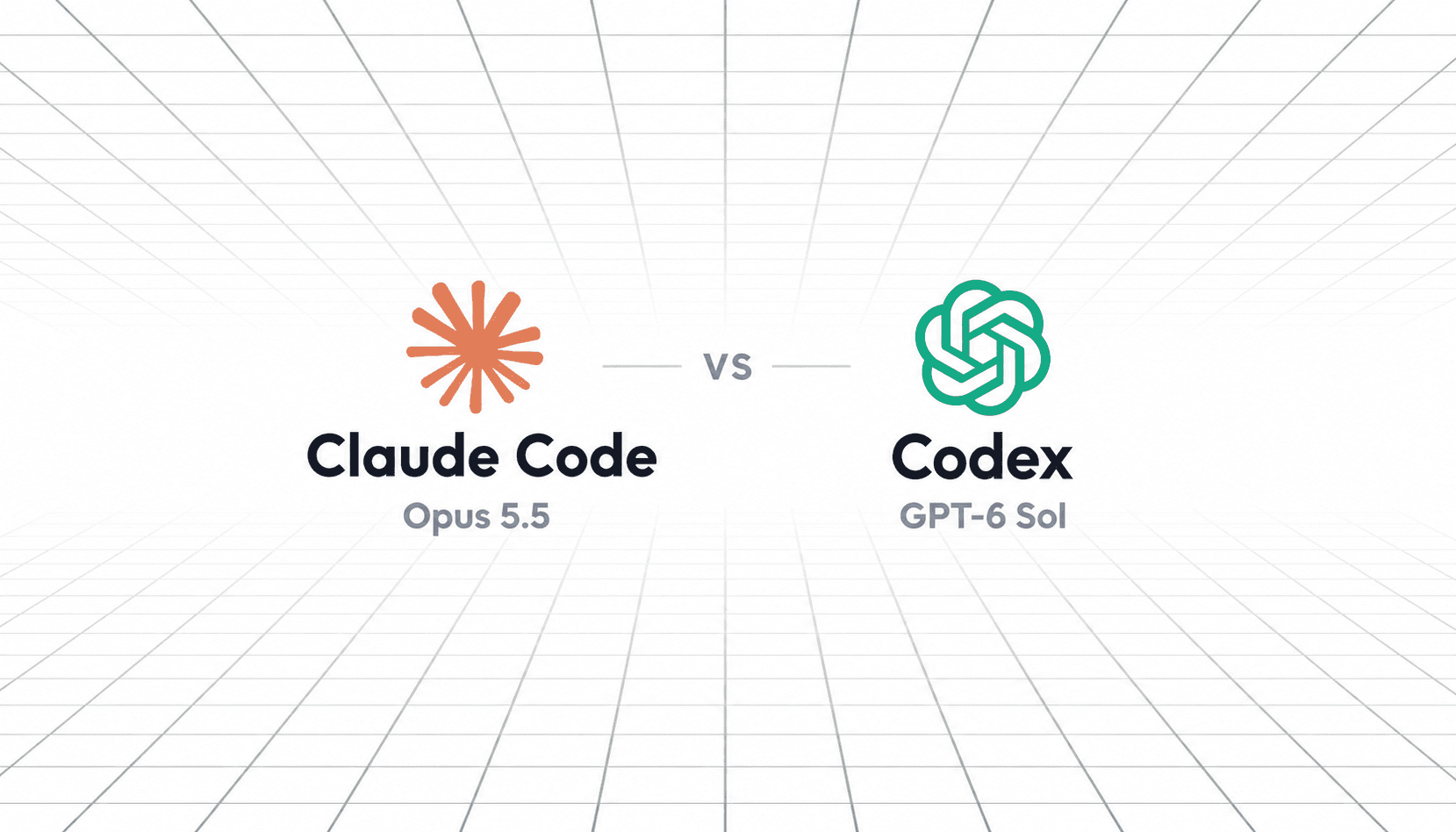 Minimal comparison graphic showing Claude Code with Opus 5.5 on the left and Codex with GPT-6 Sol on the right, set against a white perspective grid background.
