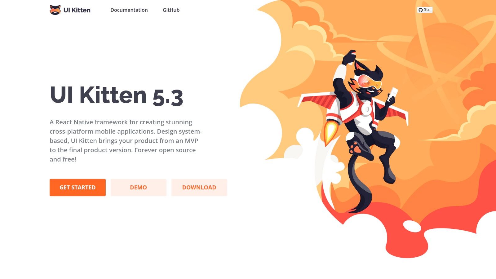 UI Kitten component library showing themed React Native UI elements including buttons, inputs, and cards in light and dark mode