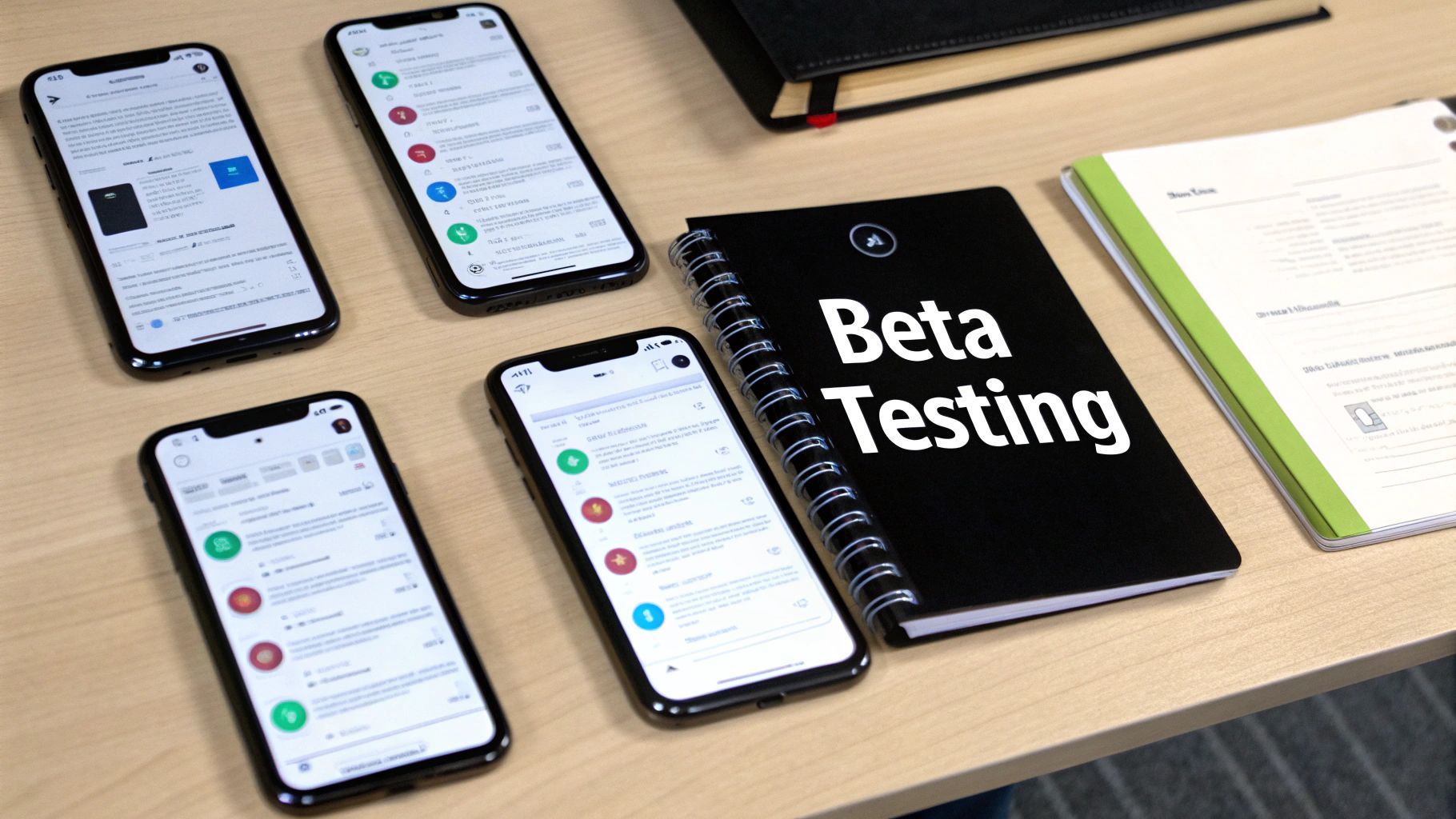 Multiple iPhones on a wooden desk next to a Beta Testing notebook, showing app development workflow.