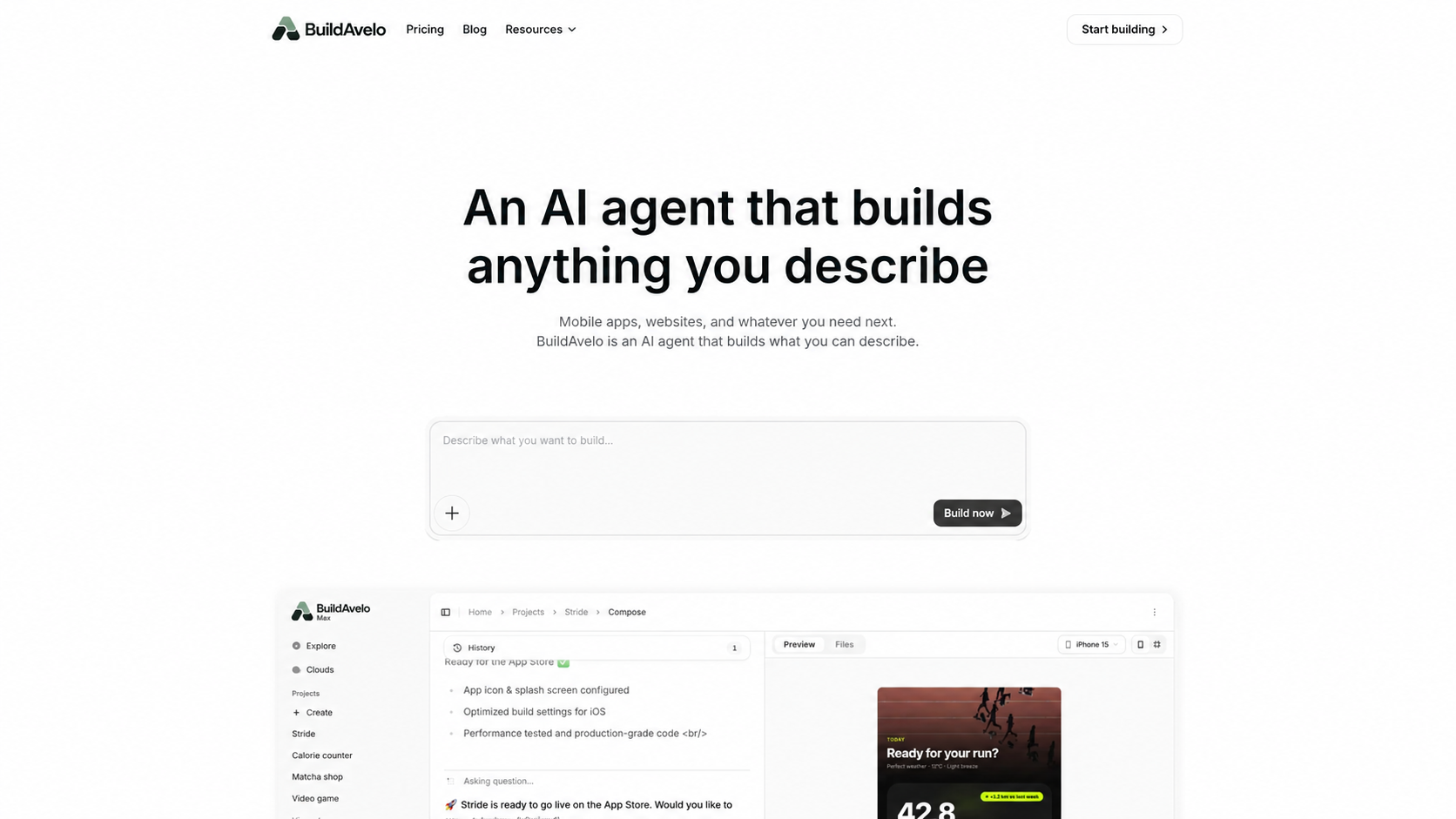 BuildAvelo homepage, an AI agent that builds and ships native mobile apps and websites