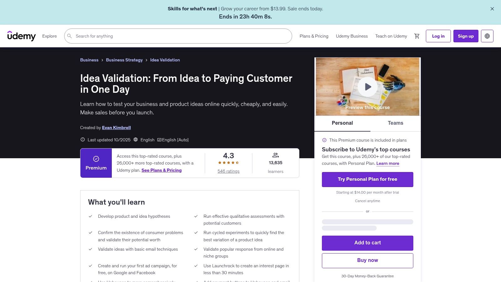 Udemy course listings on app idea generation and market validation