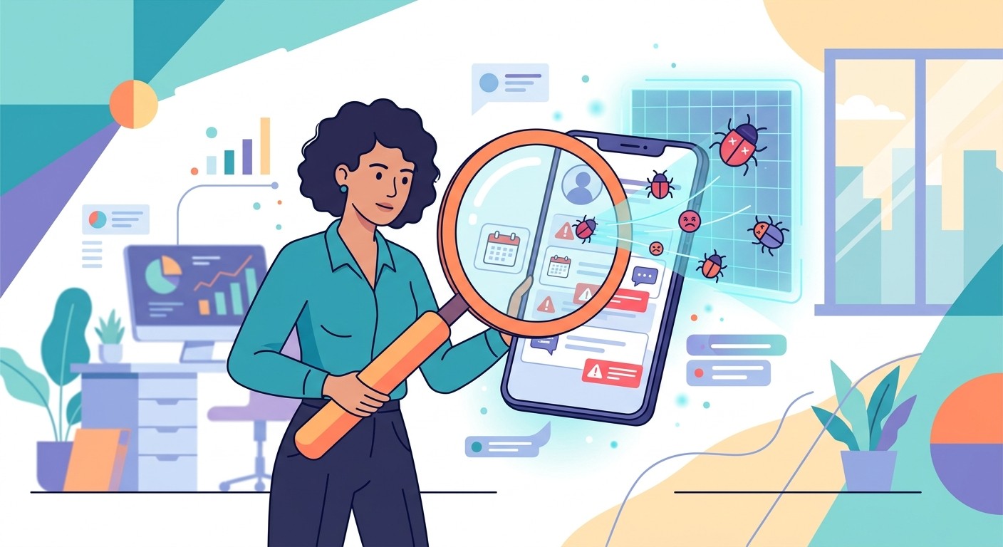 Flat illustration of quality assurance testing with a person examining a mobile app for bugs