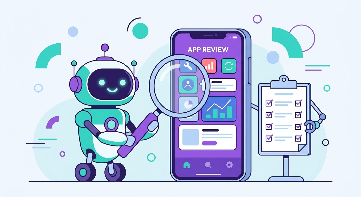 Illustration of the BuildAvelo App Store Review agent inspecting a mobile app with a magnifying glass and checklist