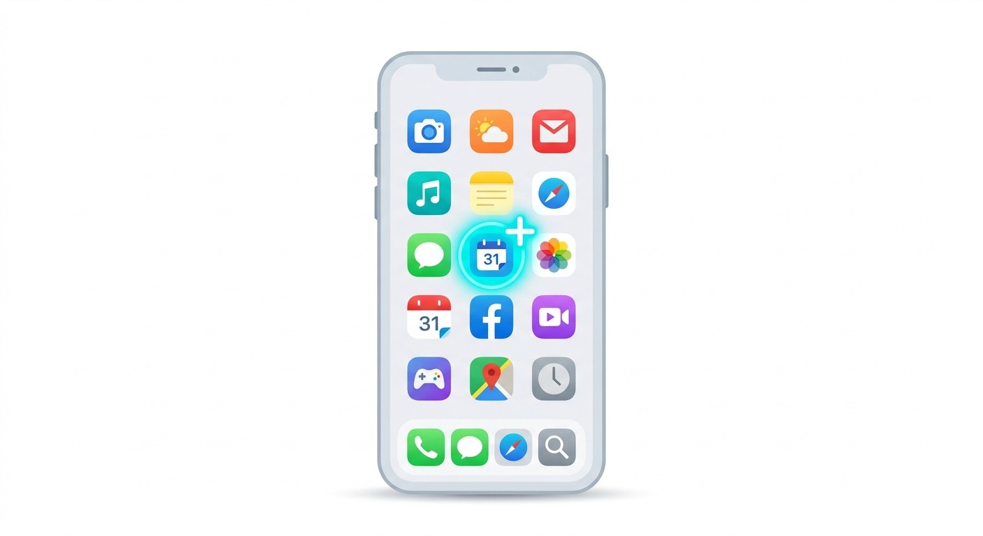 Smartphone home screen showing colorful app icons with a glowing plus sign indicating add to homescreen.