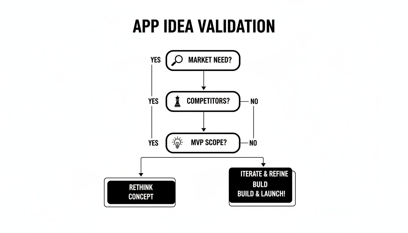 Flowchart for app idea validation process, assessing market need, competitors, and MVP scope.