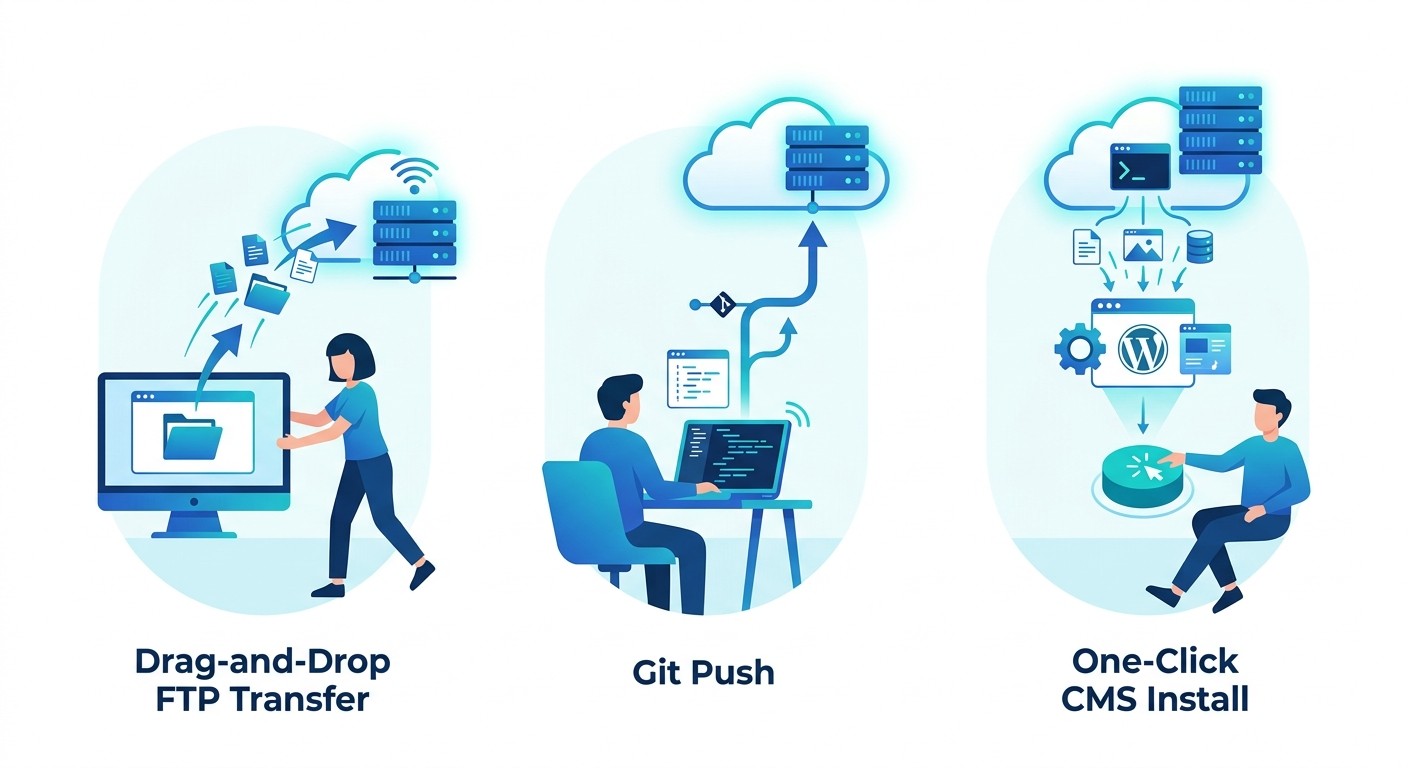 Uploading website files with FTP, a Git push or a one-click WordPress install