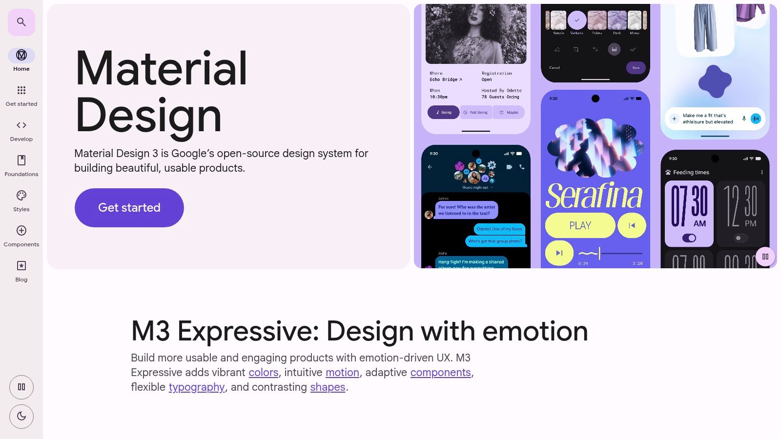 Google Material Design 3 homepage showing component libraries and design tokens for cross-platform app design