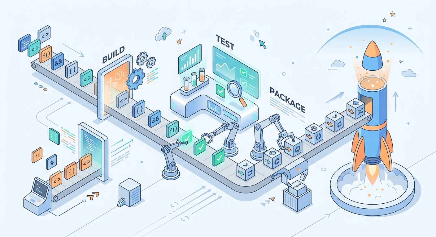 CI/CD pipeline for agile mobile app development moving code through build, test, and package stages to release.