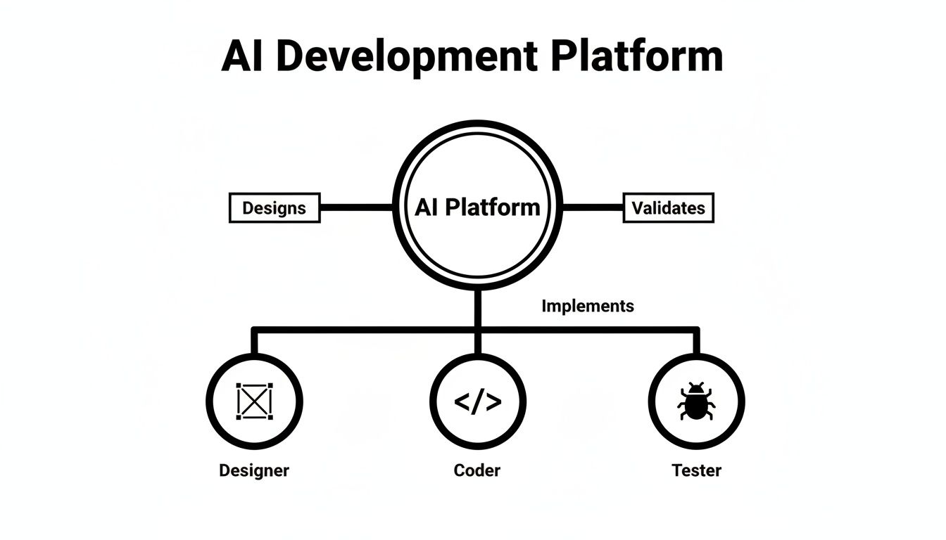 Diagram of an AI-powered app development platform coordinating designer, coder, and tester agents.